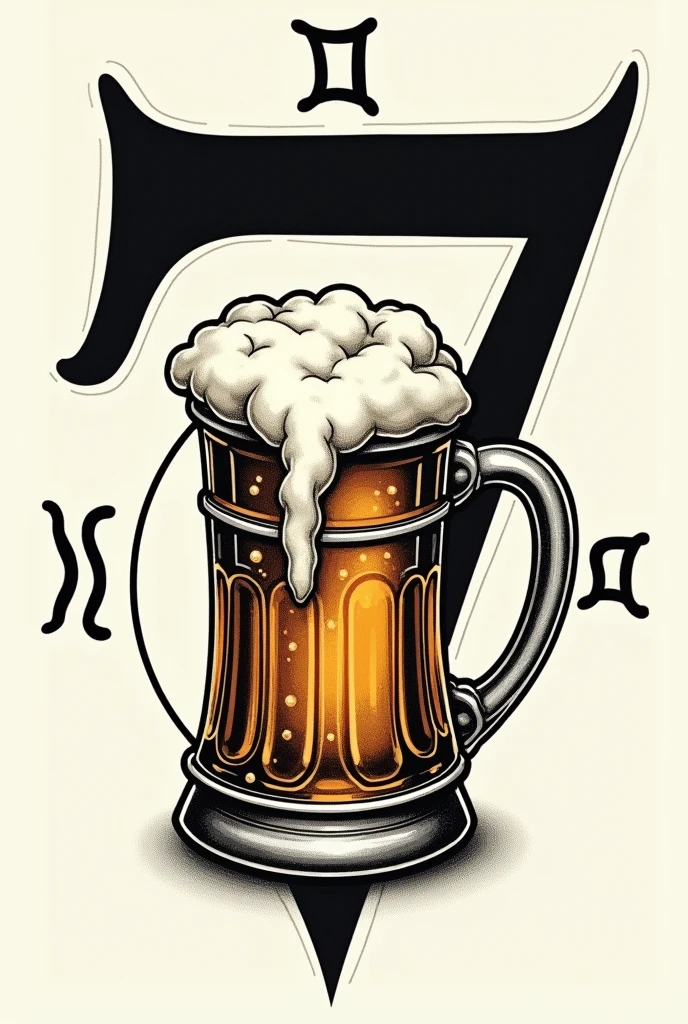 Design for tattoo with number 7; beer mug; symbol of the signs of aries and gemini
