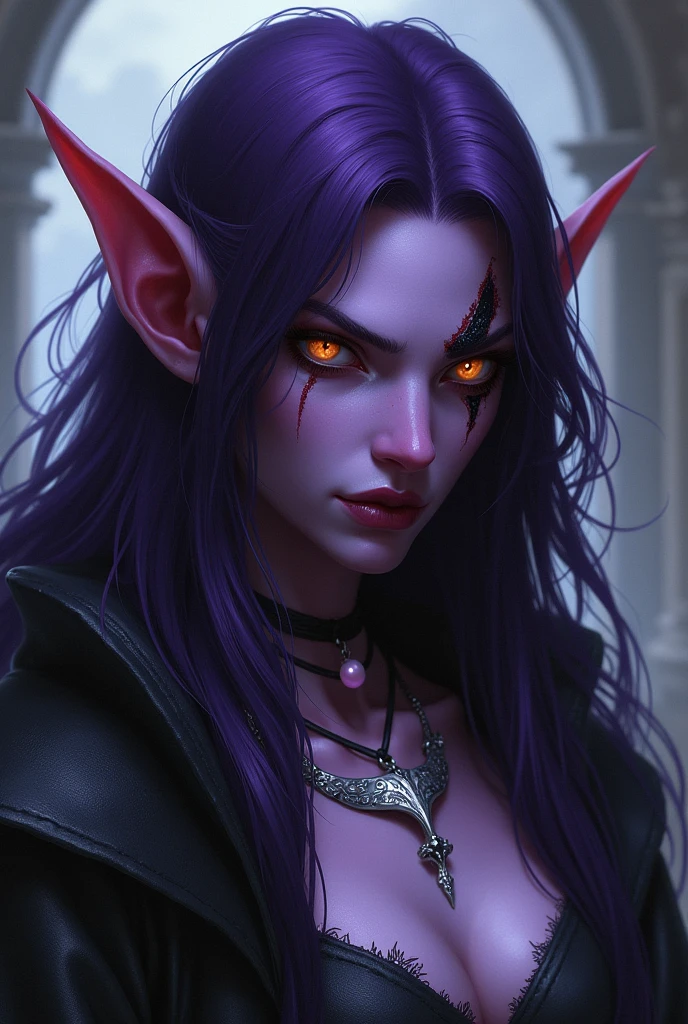 Fazer imagem de uma personagem tiefling feiticeira de d&d, lilac skin, with a scar on his eye, long dark purple hair, purples eyes, macabre golden, scary appearance and a silver necklace in the shape of a whale&#39;s tail with a small pink pearl inside