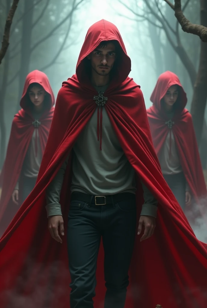 Young Jew with a kippah, accessing another dimension. Dizziness fear horror white and red light a demoness with a hood and red cape greets him with her children