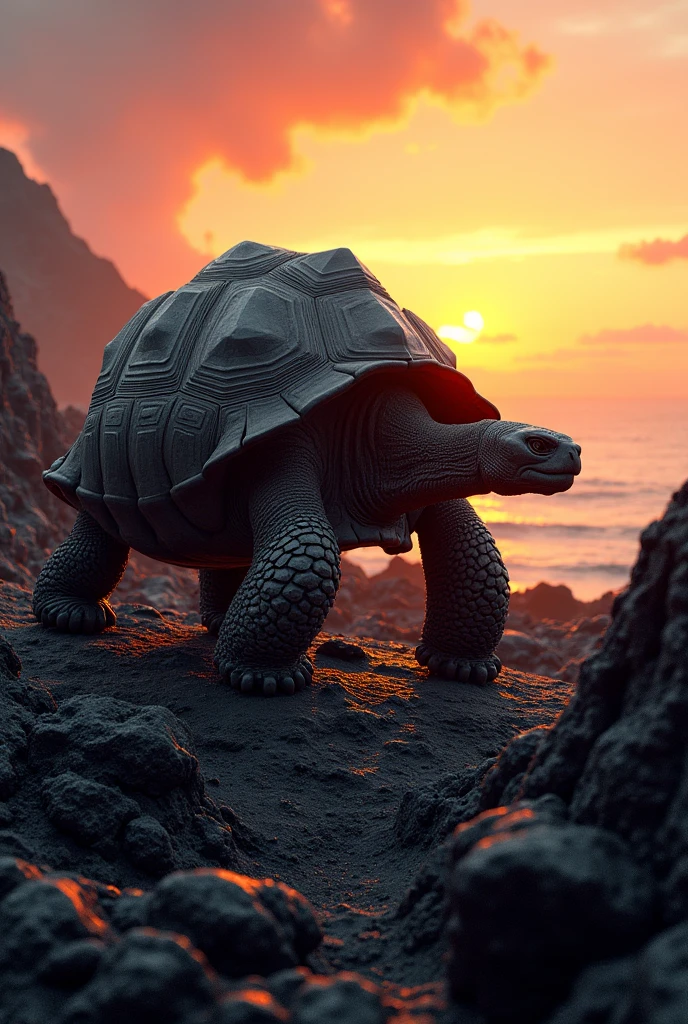 Galapagos tortoise walking on volcanic rocks under the setting sun