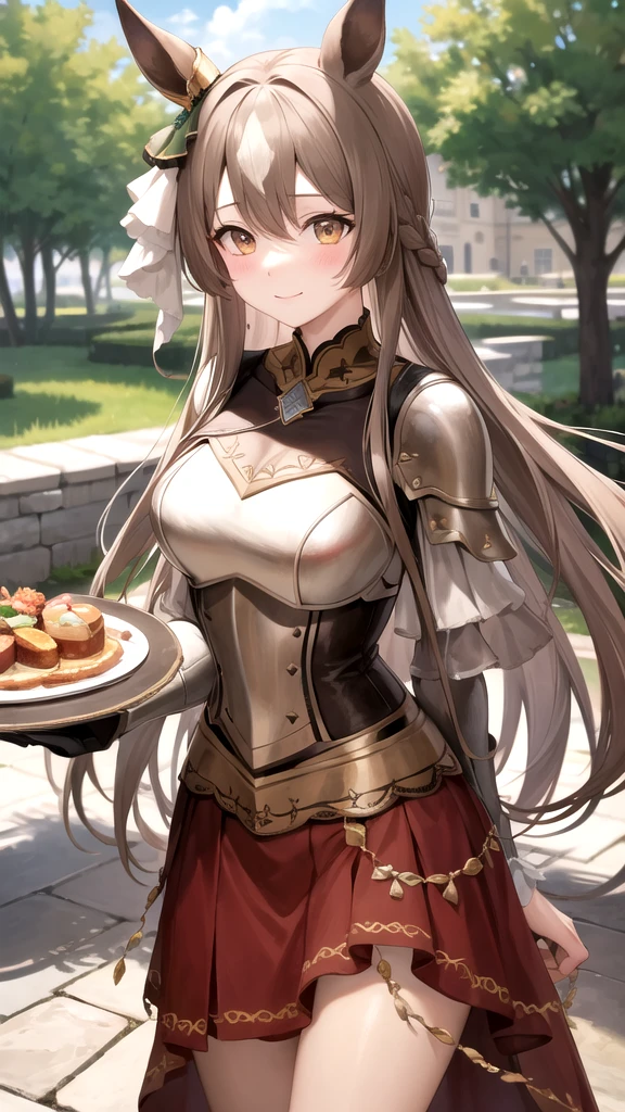 masterpiece, best quality, highres, {{8k}},
BREAK,
aasato, long hair, half updo, braid, hair between eyes, animal ears, ear ornament, medium breasts, plate armor, long red skirt, cowboy shot, shy smile, blush, cute, wide hips, busty,
BREAK,
outdoor, castle,