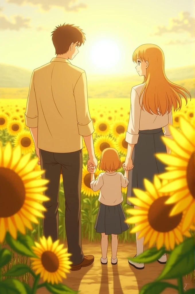 Make me a clannad image, specifically from nagisa, Ushio and Tomoya, in a field of sunflowers watching the sunset. Let Nagisa and Tomoya hold Ushio's hands (ushio is a girl) and make it a phone wallpaper