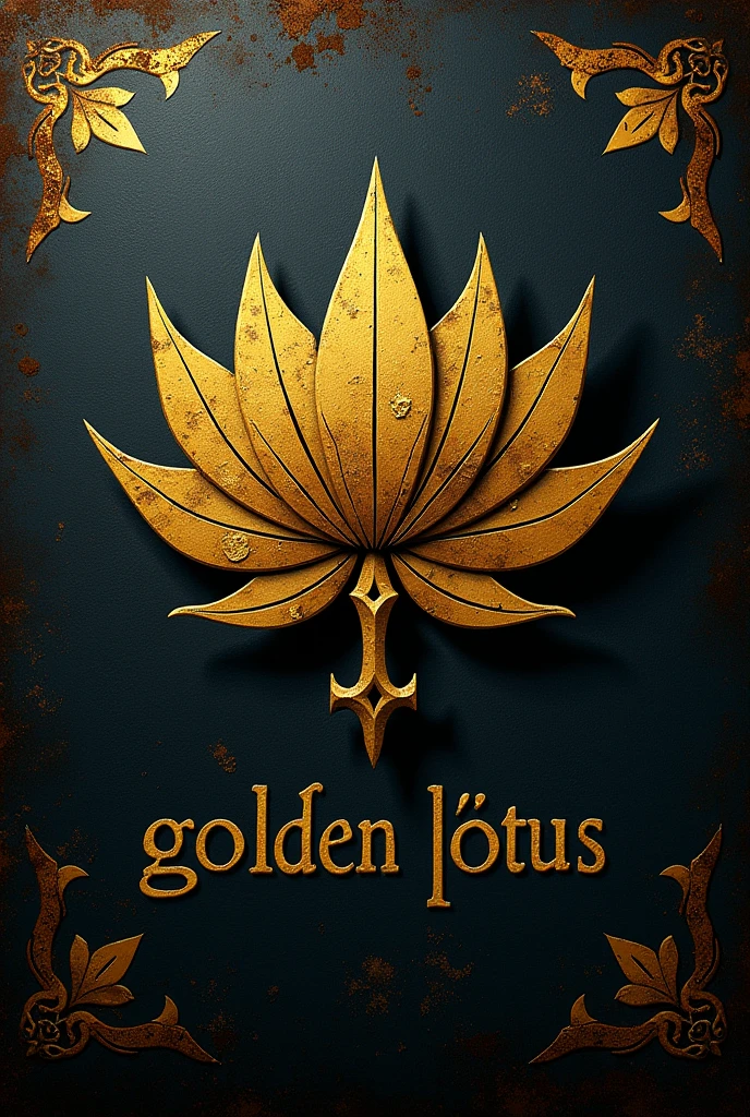 Create a golden lotus patterned on a pirate flag, with the name under the lotus "Golden lótus", without showing the background, with dark and rust details, worthy of a pirate flag, with a skull in the background 