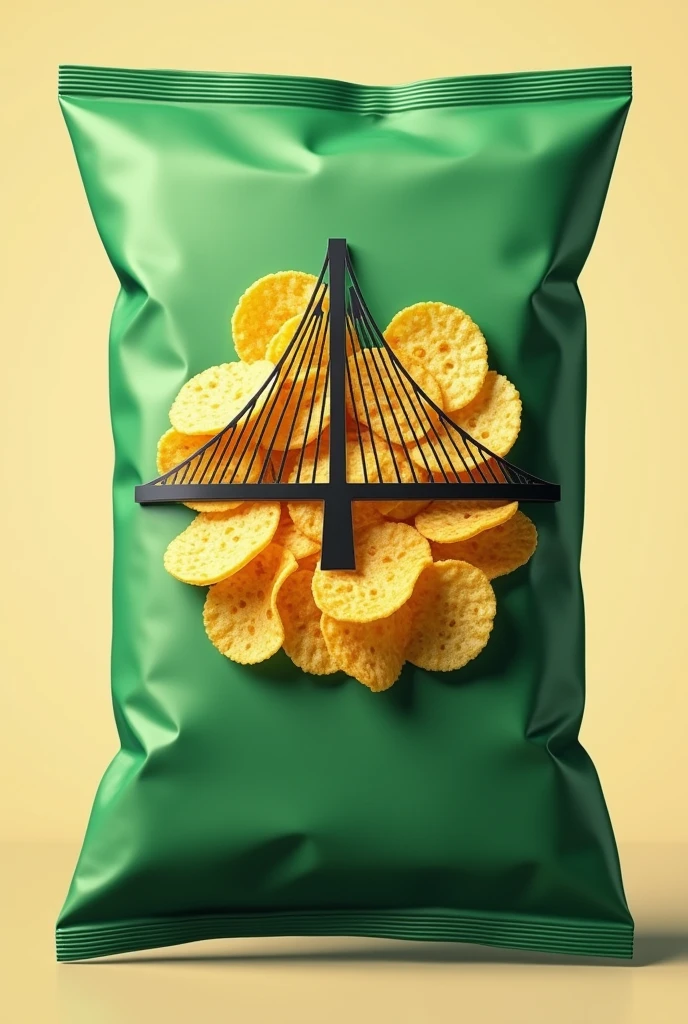 Green snack packaging with the Hercilio Luz bridge inside the packet of onion-salsa flavored potato chips