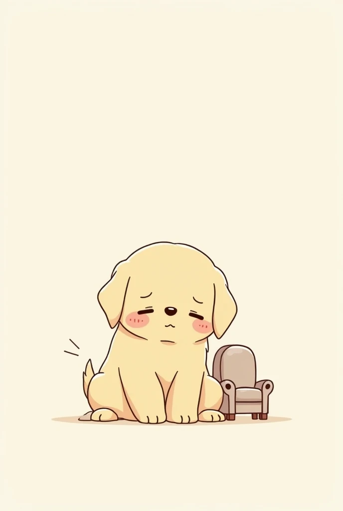 style:"Simple line drawing", "Cute illustrations", "Manga style"

character: "Golden Retriever"

expression: Golden Retriever"伏せて落ち込んでいるexpression"

Use of color: "pastel colour", "限られたUse of color"

background: "シンプルなbackground" or "backgroundなし"

Small items: "sofa", Room layout: "characterが中央に配置", "地面に置かれたSmall items"

Overall atmosphere: "For kids", "kind", "Peaceful"