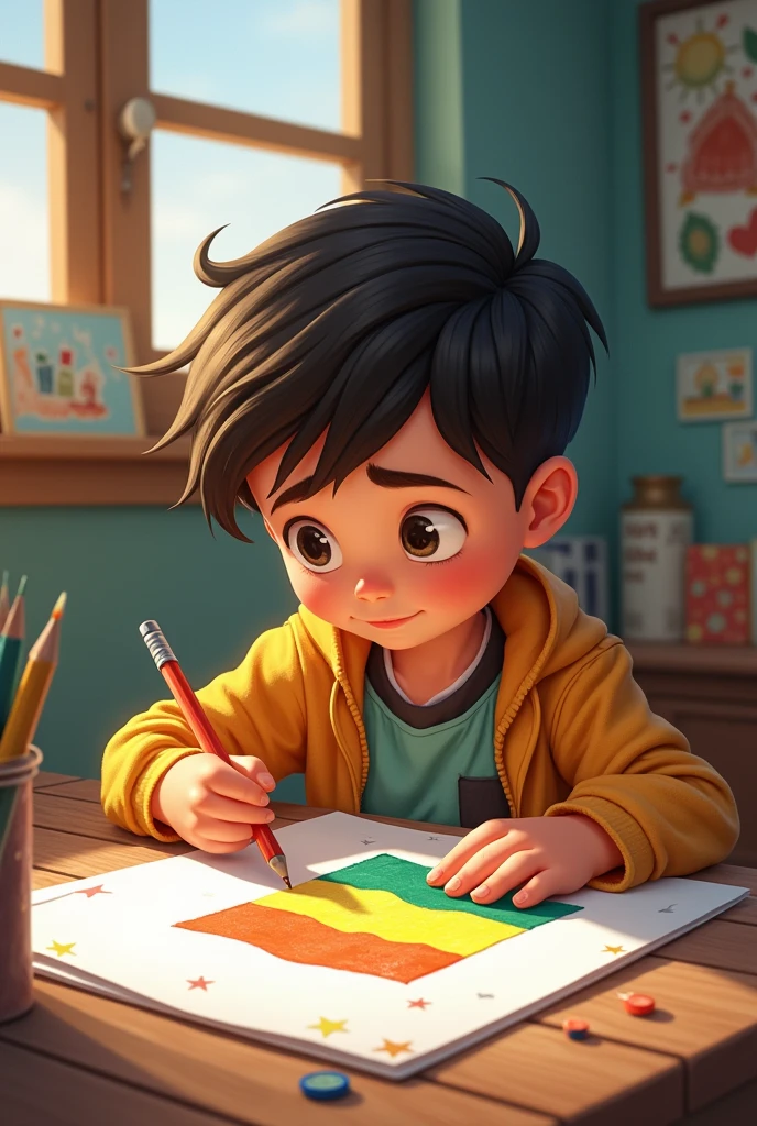 Boy with a three-color flag drawing To color it 