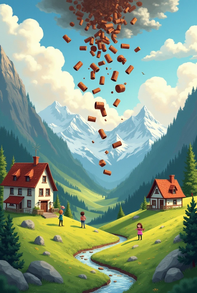 create a children's illustration where you see a valley in the mountains similar to those found in Switzerland, where you see some small houses and in the sky you see gray clouds and from the clouds sprout chocolate bars that fall on the houses.