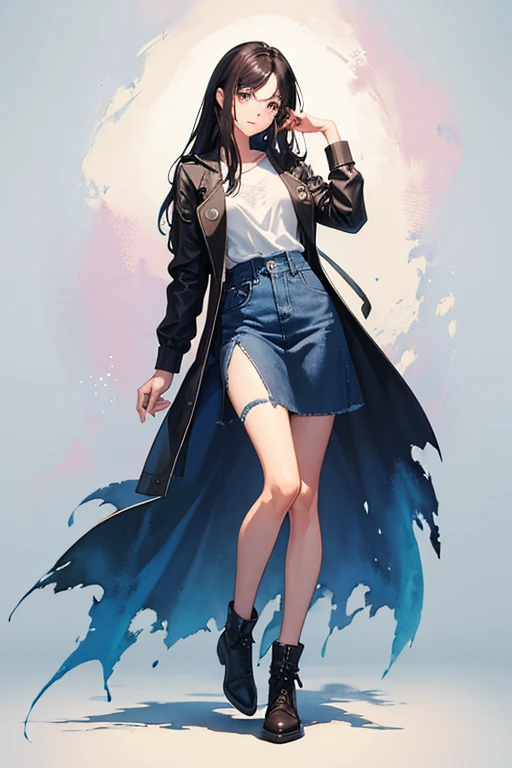Full body, a woman with freckles, dark brown eyes, and an upturned nose, she is happy, she has long wavy black hair, wearing aviator sunglasses with clear lenses in a soft watercolor style. The girl's clothes must be in pink, purple, and blue in celebration of the bisexual, with stains of ink and watercolor mixing and filling the scene. There should be a subtle, nuanced change in colors using the impasto technique with gouache paint. There should be a light rain in the watercolor painting with a little watercolor paper texture and a pastel background.