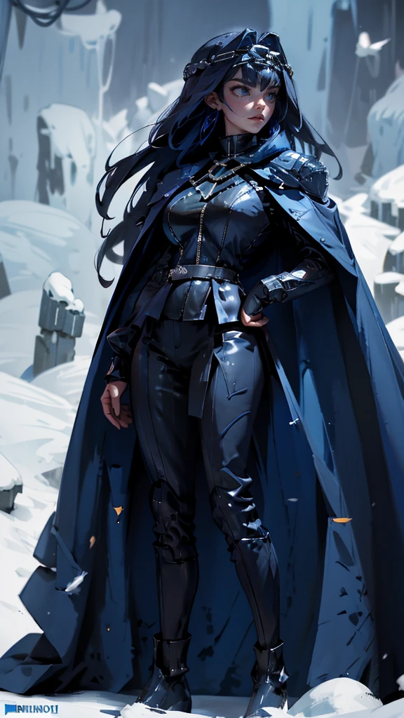 envision a 8k, highres, cinematic, fully body design sheet of a fierce empress Big tall girl with long legs named Kronii Ouro with long dark blue hair in a bun, blue eyes, wrapped in chains, wearing Darth Vader's Suit with a long flowing blue cape, a black helmet mask against a dark background