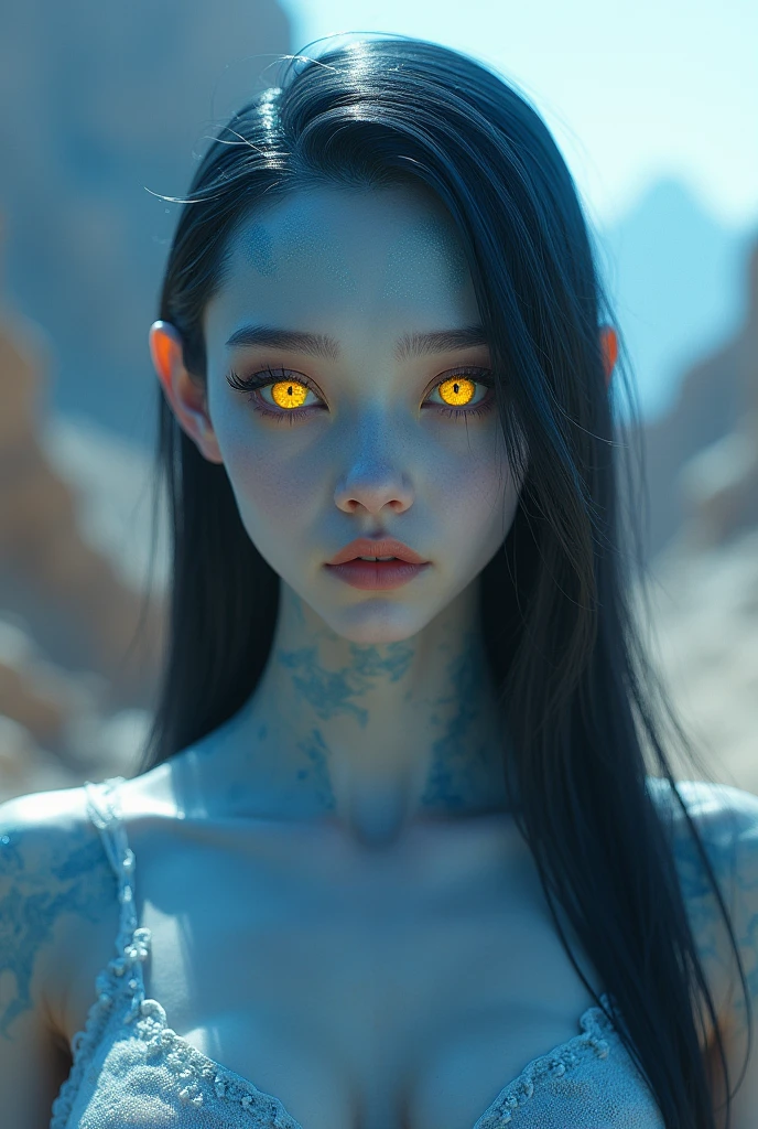 Alien woman with white and blue skin and yellow eyes, with a Cerio face and hair as dark as coal, positioned at a thirty degree angle facing the fourth screen on another planet