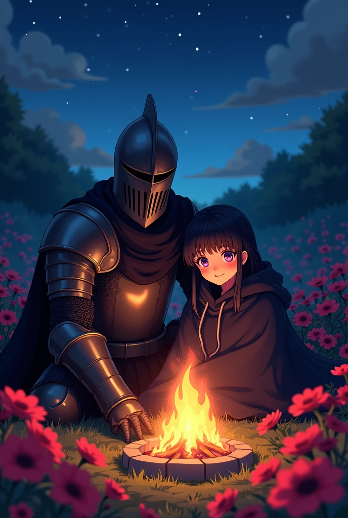 A knight in dark medieval adventurer armor, the knight also wears a dark medieval helmet which covers his entire face., He is tall and in a field of red flowers as he sits in front of his campfire in the middle of the light of the stars and the moon next to his beloved wife sitting next to him with dark hair and bright purple eyes who is wearing a dark and fluffy cloak as clothing (make them both face the camera so I can see the knight from the front)
((Make image with anime art style))