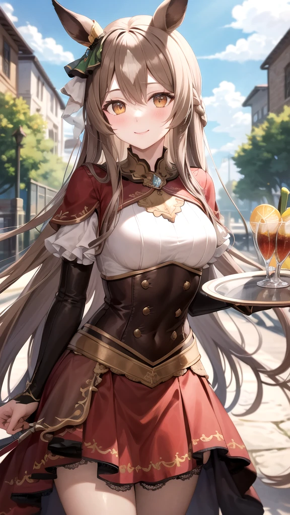 masterpiece, best quality, highres, {{8k}},
BREAK,
aasato, long hair, half updo, braid, hair between eyes, animal ears, ear ornament, medium breasts, plate armor, long red skirt, cowboy shot, shy smile, blush, cute, wide hips, busty,
BREAK,
outdoor, castle,