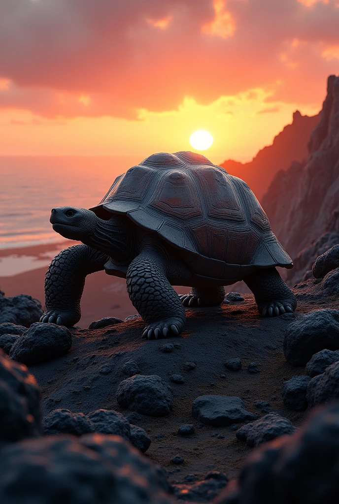 Galapagos tortoise walking on volcanic rocks under the setting sun