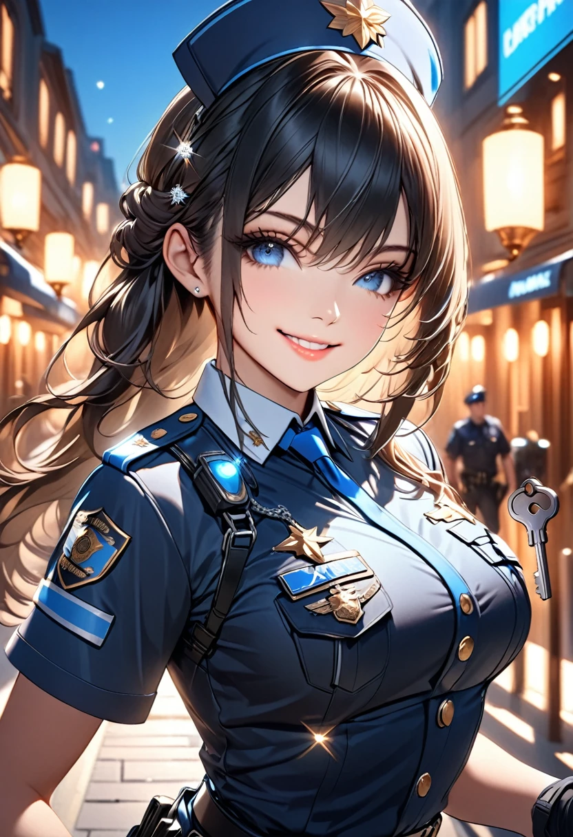 Attractive police girl, holding a key, facing the camera, smiling, mini diamonds on her outfit, detailed image, hq quality, perfect anatomy,  blue sky eyes, black long hair, pretty,beautiful , perfect detailed, awesome illumination, 4k,8k,HD, high quality, luxury background