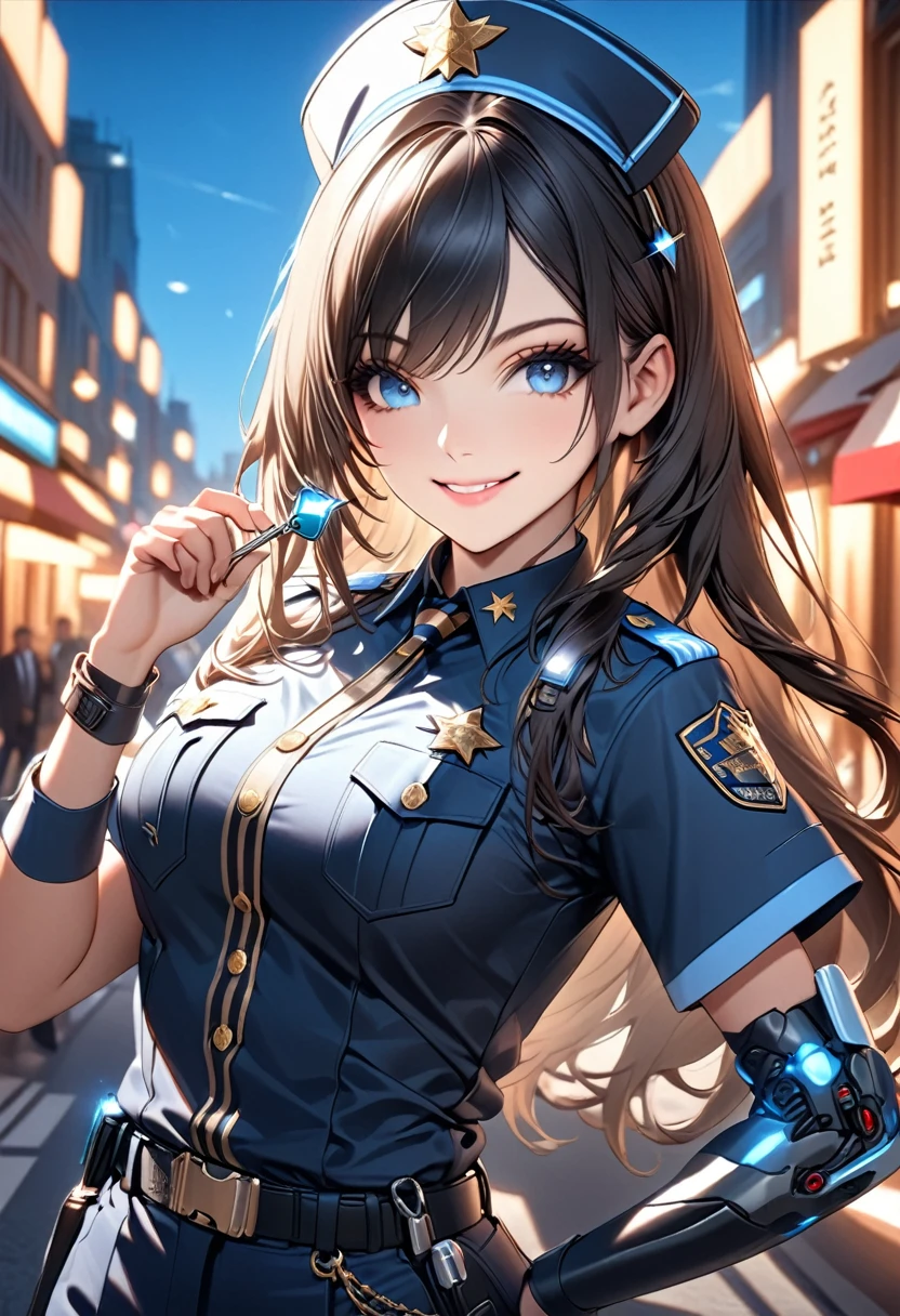 Attractive police girl, holding a key, facing the camera, smiling, mini diamonds on her outfit, detailed image, hq quality, perfect anatomy,  blue sky eyes, black long hair, pretty,beautiful , perfect detailed, awesome illumination, 4k,8k,HD, high quality, luxury background