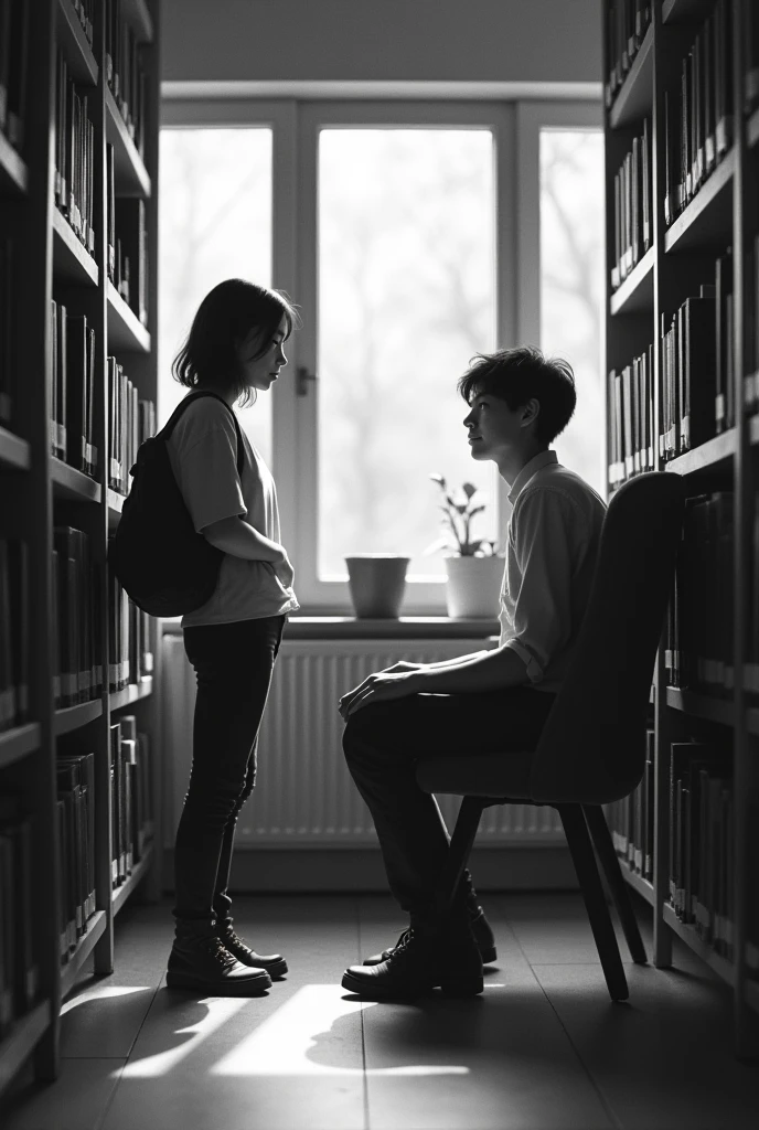 TWO young people (man sitting on a chair and woman standing) 20 and 2 (that are not Asian) At school, specifically in the library, talking in a corner a little apart., old black and white image