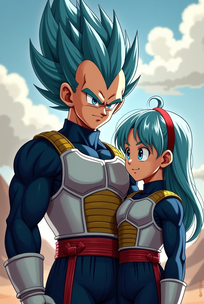 Vegeta's hair is standing on end. He was wearing a dark blue suit and over it the typical armor that Saiyans wear.  against his daughter Bura, right, Dragon Ball GT Bura, girl with light blue hair, blue eyes, dark blue suit, typical armor worn by Saiyans, loose hair, bangs, father and daughter, red headband,