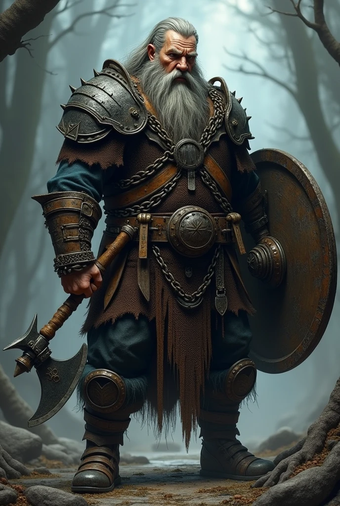 A gloomy, grim fantasy dwarf in full chain armour, which is rustproof, middle aged man, with long beard and long hair, which are braided and decorated with iron rings, holds a battle axe in one hand and a shield in the other