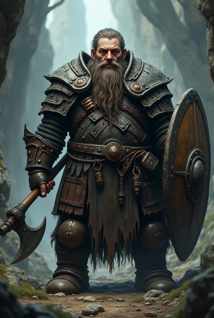 A gloomy, grim fantasy dwarf in full chain armour, which is rustproof, middle aged man, with long beard and long hair, which are braided and decorated with iron rings, holds a battle axe in one hand and a shield in the other