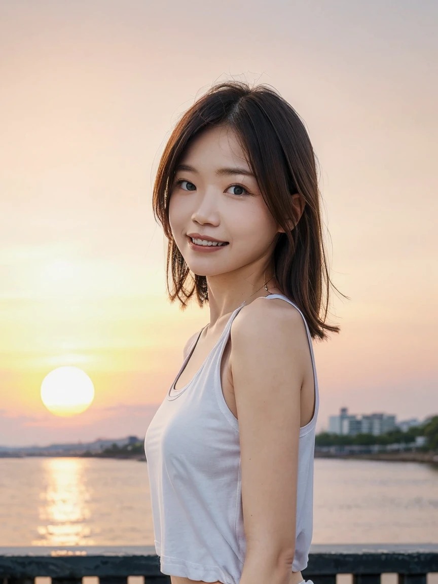 One person, Photo Model, smile, Focus on your audience, Beautiful lighting, Highest quality, masterpiece, Ultra-high resolution, Realistic, Black Hair, Short tank top, Shorts, Long Stockings, Medium chest, White skin,( Sunset background:1.4)