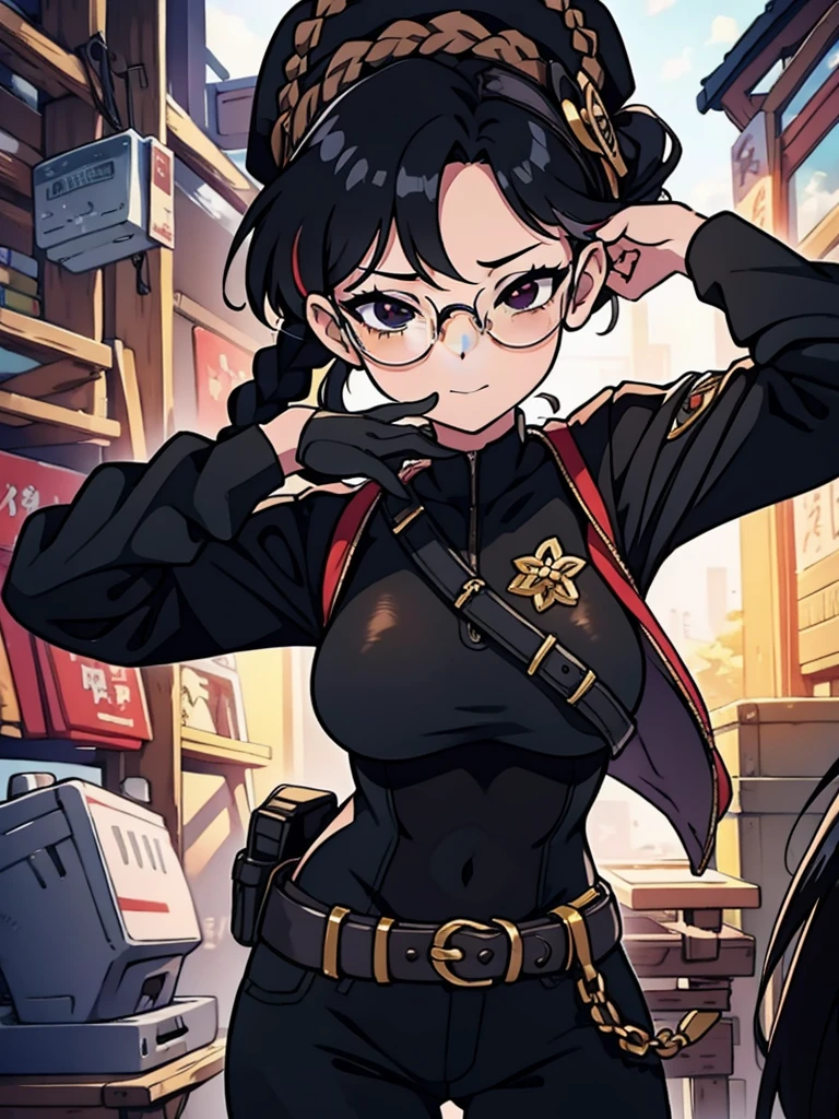 masterpiece, high quality cg, anime, illustration, best quality, 1girl, bound, bondage, beautiful face, detailed face, cowboy shot, dokkaebi, 1girl, solo, looking at viewer, black hair, braid, glasses, black gloves, belt, pants, black eyes, twin braids, streaked hair, black headwear, bodysuit, black pants, round eyewear, black bodysuit, beanie, hair behind ear,
