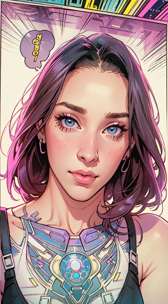 work of art,extremely beautiful woman,excellent sense,neckleace,(((perfect very white background))),American comics,(((The perfect woman))),(speech bubble),stronger,(((A person))),colorfully,rainbow color,highly detailed upper body,breast enlargement,lines,high-detailed face,cyber punk,