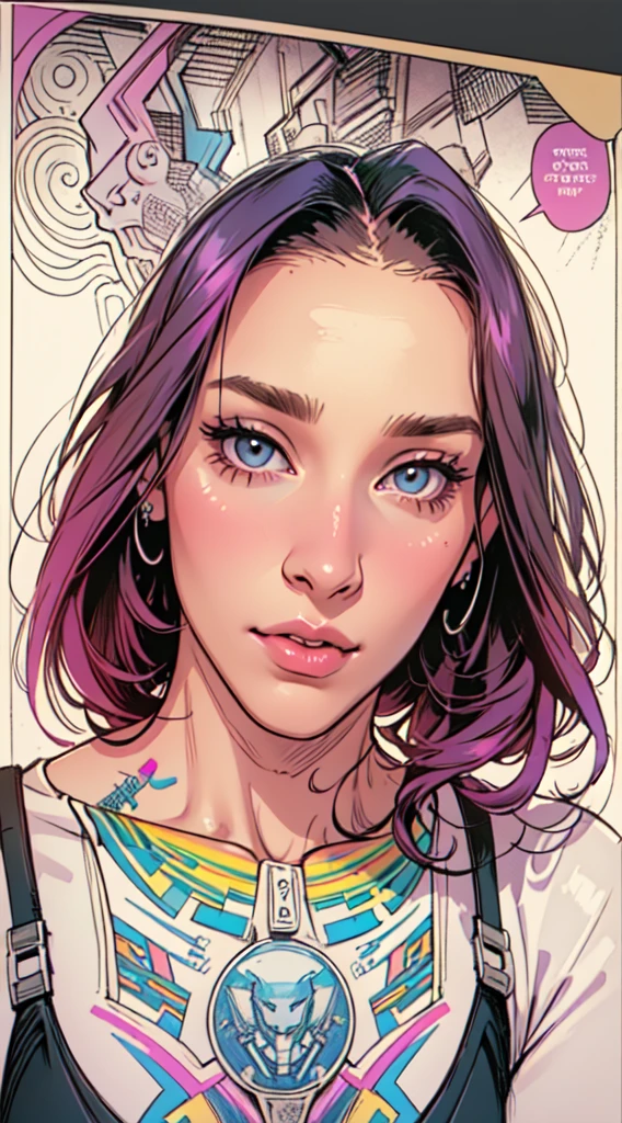 work of art,extremely beautiful woman,excellent sense,neckleace,(((perfect very white background))),American comics,(((The perfect woman))),(speech bubble),stronger,(((A person))),colorfully,rainbow color,highly detailed upper body,breast enlargement,lines,high-detailed face,cyber punk,