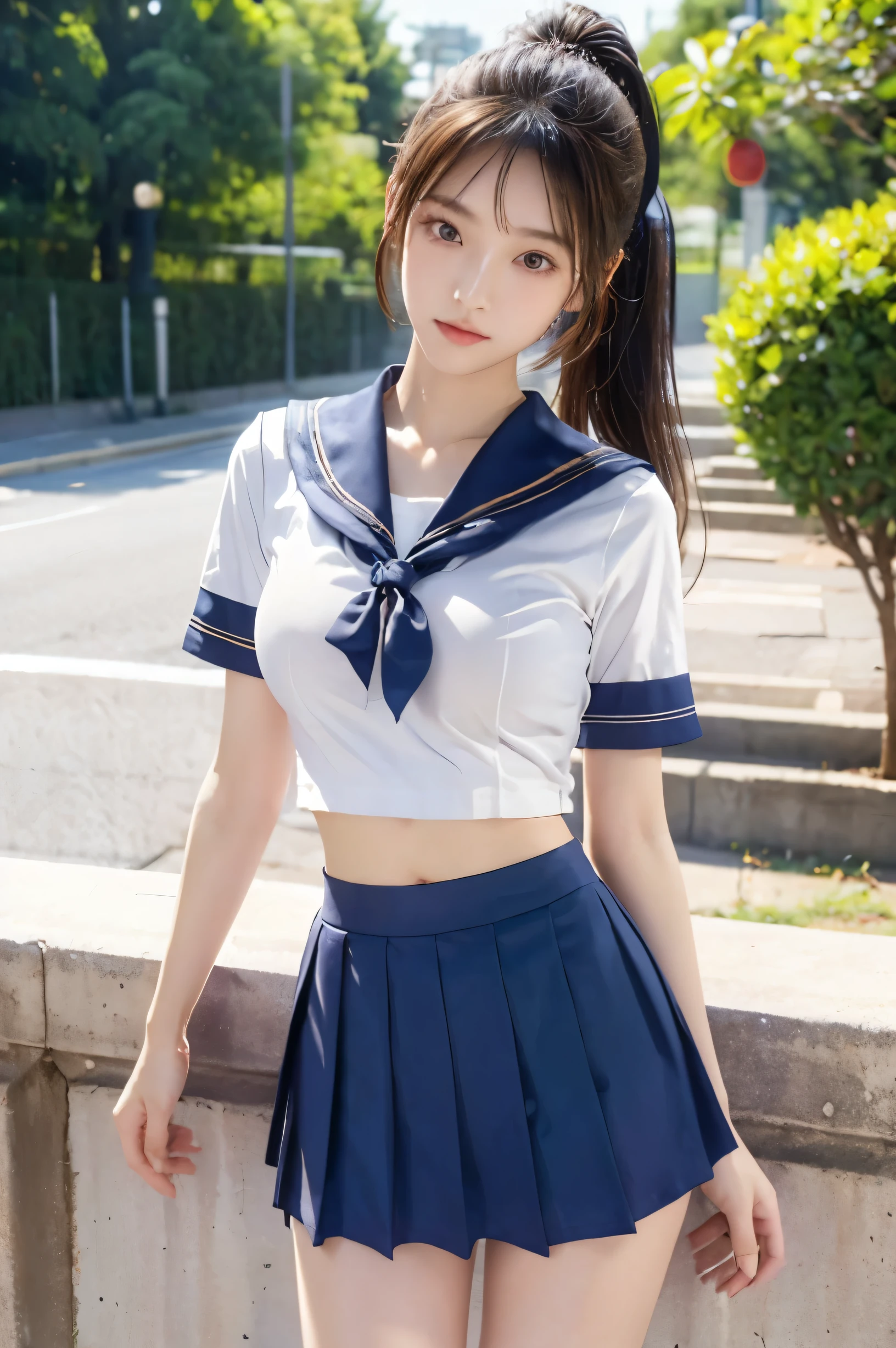 (Ultra HD), (Looking at me), (The whole body is shown), (Short-sleeved sailor uniform, Navy blue low-rise mini skirt), (Big Breasts:1.2), Super beautiful breasts, slender, Narrow waist, (Thin legs:1.2), (Thin thighs:1.2), (Thin Hips:1.4), (Beautiful Skin, Shiny skin, White skin), (Super slim face, Super beautiful face, No makeup, Smile:0.6), (ponytail, Layered Cut, Fluffy hair), (double eyelid, Slanted Eyes), (Small Nose), (Thin lips), Are standing, In front of the school gate