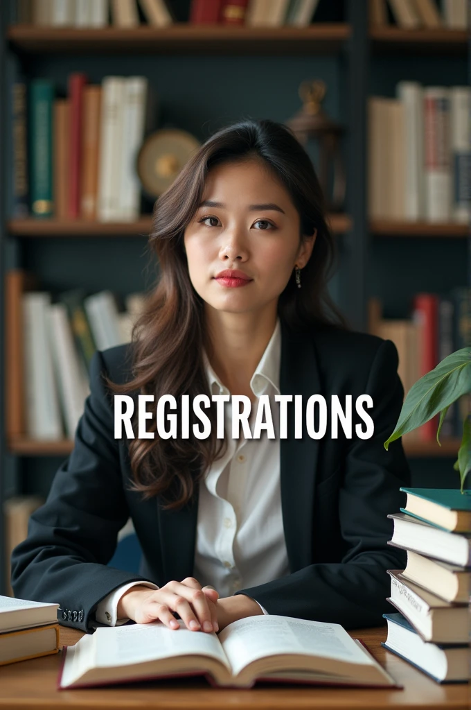 A header with a woman with books and the word in large letters "Registrations"