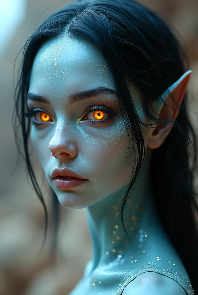 Alien woman with white and blue skin and orange eyes with golden highlights, with a Cerio face and hair as dark as coal, positioned at a thirty degree angle facing the fourth screen on another planet