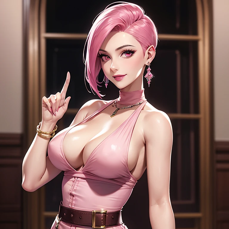 Beautiful woman, undercut, shaved hair, pink hair, pink eyes, dark lipstick, smiling, bracelet, large breasts, sexy dress, earrings, brown belt