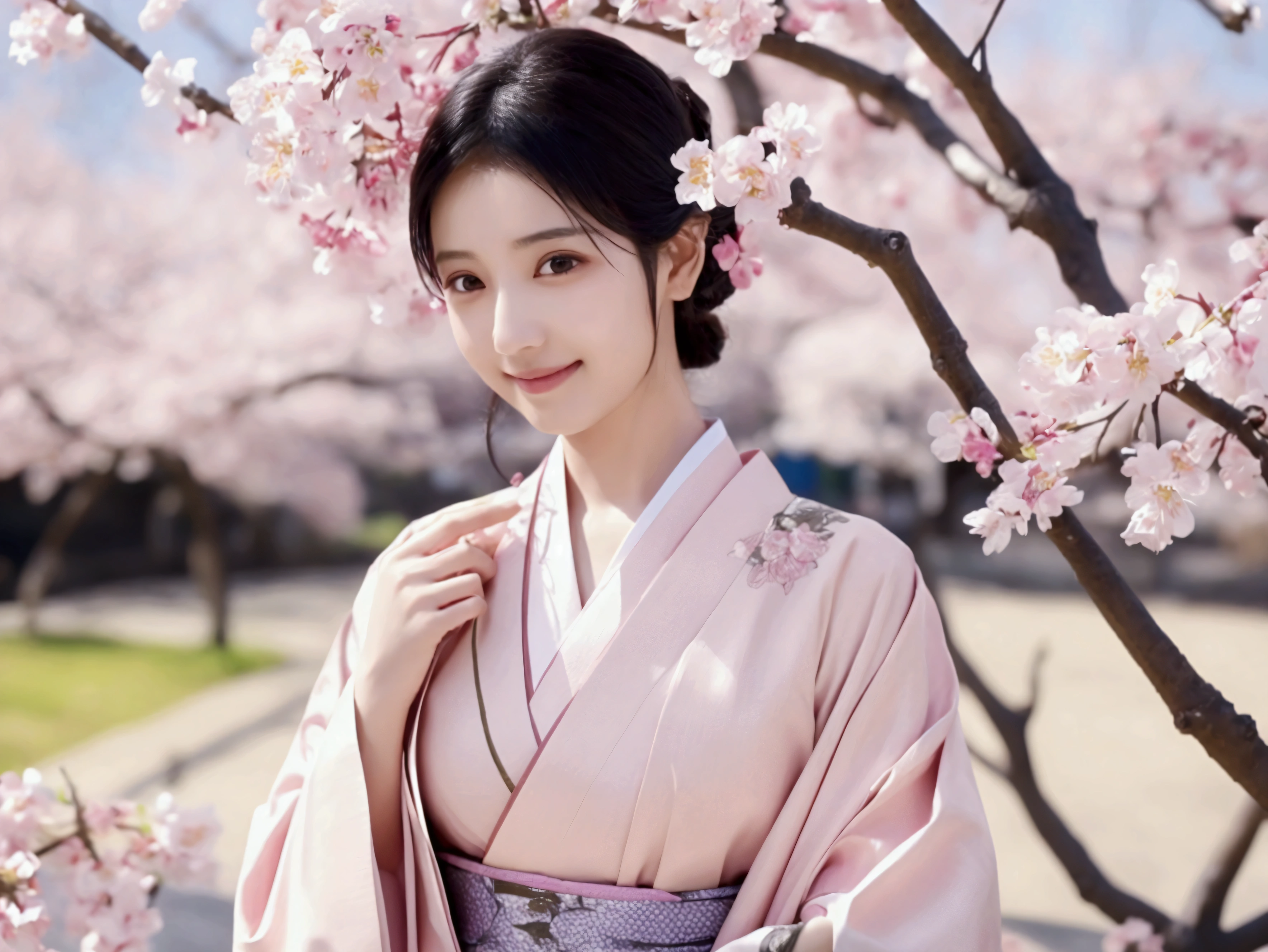 Pale pink undertones、Warm smile、Highest quality、8k、Ultra-high resolution、Under a cherry tree in full bloom、Realistic photo style、Healthy body shape、Sparkling Eyes、Flowing jet black hair、A gorgeous kimono with a cherry blossom motif、Calm expression、Soft natural light、Contemporary Japanese art style、Pale colors、Quiet atmosphere、Detailed Features、Graceful pose、Scenery surrounded by cherry blossoms