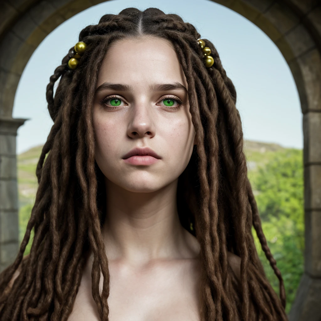 By Susanna Majuri, pencil drawing, medieval illustration, dramatic, cute girl, young woman, scared expression, European appearance, green eyes, dreadlocks, dreads hair, large face, elongated face, wide chin, cheek bulge, snub nose, short nose, nose with wide tip, thin lips, long eyelashes, dark makeup, wide eyebrows, textured skin, looking at viewer, resolution, quality, depth of field, anatomically correct, fairy tale background, surrealism, surrealistic, epic, magic atmosphere, wonderland, 1girl, solo, realistic, accurate