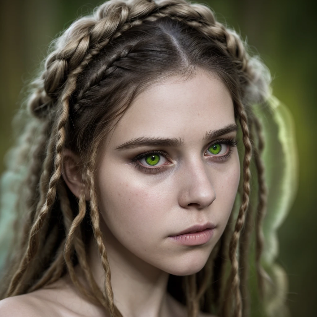 By Susanna Majuri, pencil drawing, medieval illustration, dramatic, cute girl, young woman, scared expression, European appearance, green eyes, dreadlocks, dreads hair, large face, elongated face, wide chin, cheek bulge, snub nose, short nose, nose with wide tip, thin lips, long eyelashes, dark makeup, wide eyebrows, textured skin, looking at viewer, resolution, quality, depth of field, anatomically correct, fairy tale background, surrealism, surrealistic, epic, magic atmosphere, wonderland, 1girl, solo, realistic, accurate