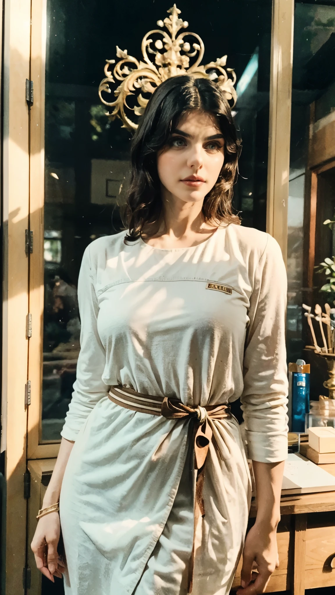 (masterpiece:1.2, best quality:1.2, extremely delicate:1.2), ((Alexandra Daddario:1.2)), a ager girl with long deep red wavy hair, slender upturned eyebrows, sharp eyes, delicate features, ((a mix of Central Asian and European facial characteristics)), a hint of a smile at the corner of her mouth, exuding confidence, her figure is svelte, ((a fantasy-style long dress designed for both ease of movement and regal elegance, loose and comfortable trousers that match the outfit for ease of movement, red and white as the main color, complemented by yellow accents)), proudly standing with hands on hips, the scene is set in a majestic fantasy-style ancient city that melds Chinese and Japanese architectural influences, this character embodies a finely crafted fantasy-style female villain, exquisite photography, Photo realism, photorealistic, goddess, pale skin, perfect skin, textured skin, detailed skin, porcelain skin, dramatic, high definition, highres, ultra-detailed, ultra-fine painting, professional, perfect body proportions, golden ratio, anatomically correct, symmetrical face, perfect eyes, extremely detailed eyes and face, high quality eyes, creativity, RAW photo, UHD, 32k, Natural light, cinematic lighting, (masterpiece-anatomy-perfect:1.2)