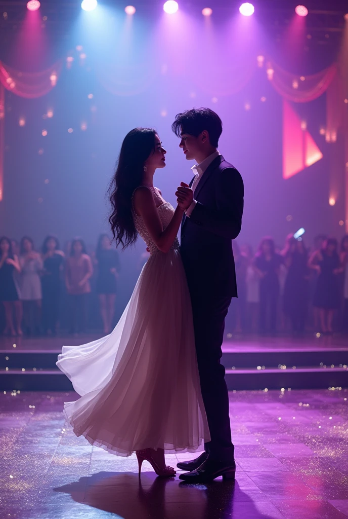 Korean woman with semi long wavy black hair dark eyes wearing concert clothes pale fair skin dancing a waltz with jungkook on a concert stage at night with purple pink and blue lighting