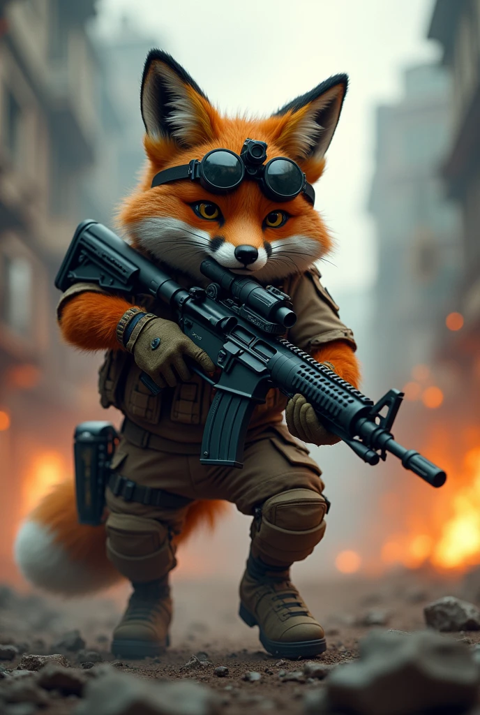 “(Superior quality, 8K, masterpiece: 1.3) An urban fox in full urban military combat gear, engaged in an epic battle, urban environment, tactical vest, night vision goggles, camo gear, armed with a rifle, intense action scene, cityscape background with ruins and fire, (cinematic lighting), highly detailed fur and gear, (photorealism), (art of Craig Mullins: 1.5), dynamic composition, focus on movement and intensity, atmosphere of chaos and heroism”
