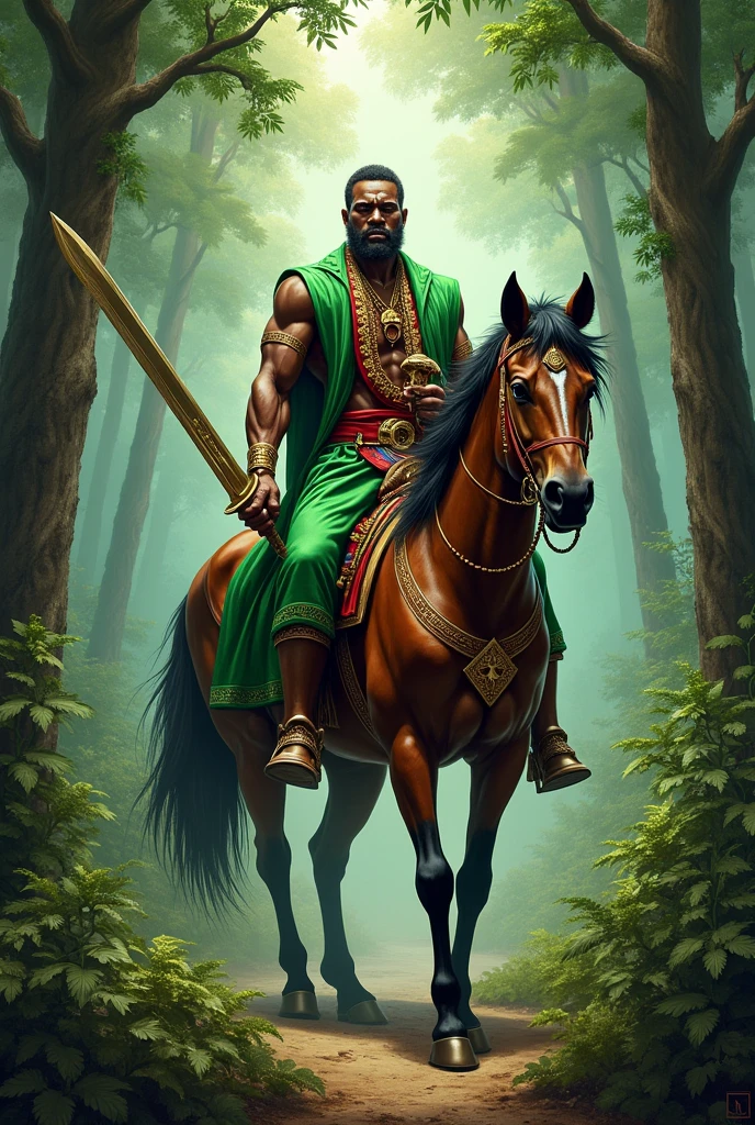 Father Ogun, dressed in green and red in the middle of the forest, very handsome and strong with a sword on top of a horse