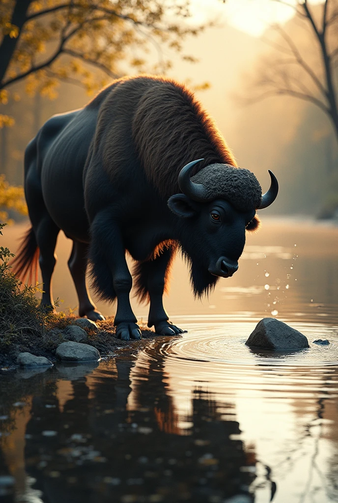 A majestic buffalo stands on the bank of a serene river, the rising sun illuminating its thick, dark fur. He bends down to pick up a stone from the riverbed, his muscles tensing as he lifts the stone with force. With a careful movement, the buffalo throws the stone into the river. The stone flies through the air and hits the water, creating an arc of droplets that spread into concentric rings. The surface of the river reflects the sunlight and images of the trees and sky, while the buffalo watches the impact with an attentive and satisfied look."
