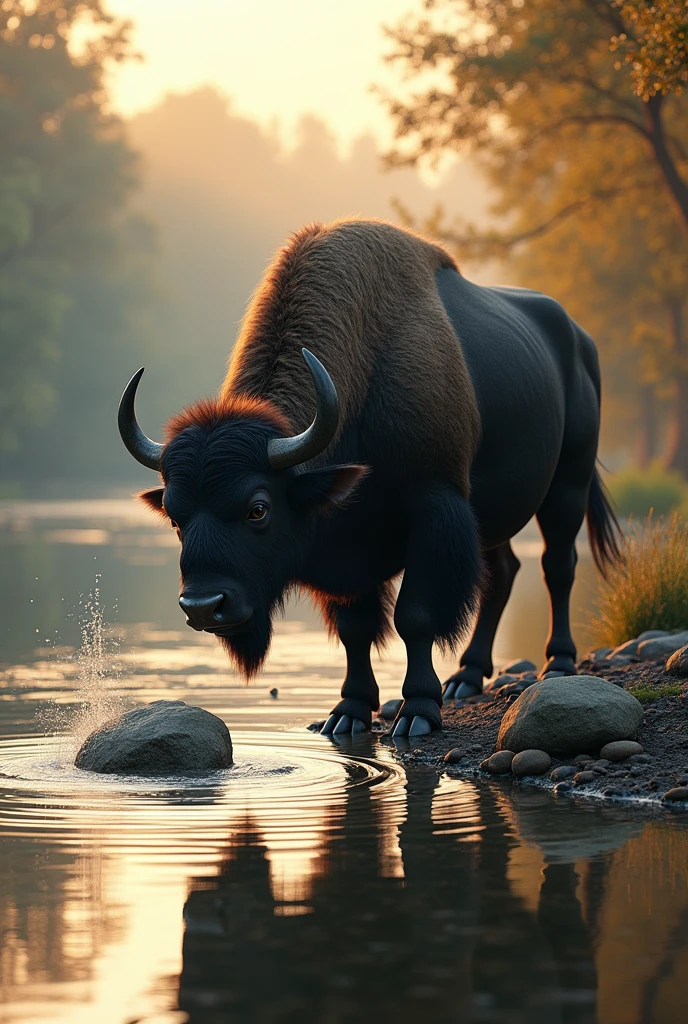 A majestic buffalo stands on the bank of a serene river, the rising sun illuminating its thick, dark fur. He bends down to pick up a stone from the riverbed, his muscles tensing as he lifts the stone with force. With a careful movement, the buffalo throws the stone into the river. The stone flies through the air and hits the water, creating an arc of droplets that spread into concentric rings. The surface of the river reflects the sunlight and images of the trees and sky, while the buffalo watches the impact with an attentive and satisfied look."