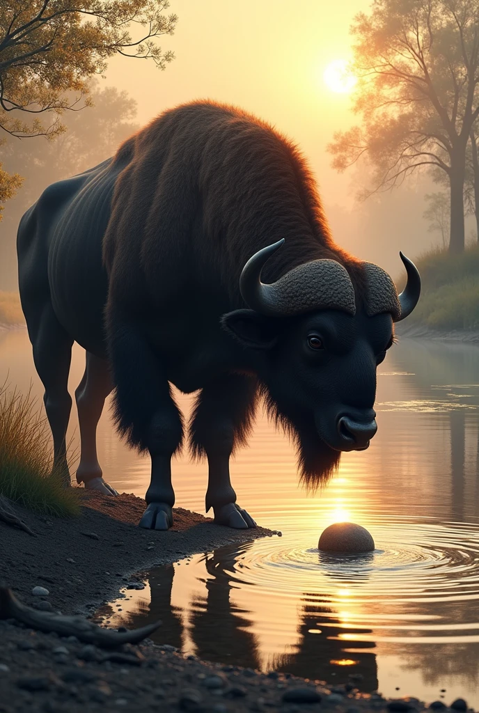 A majestic buffalo stands on the bank of a serene river, the rising sun illuminating its thick, dark fur. He bends down to pick up a stone from the riverbed, his muscles tensing as he lifts the stone with force. With a careful movement, the buffalo throws the stone into the river. The stone flies through the air and hits the water, creating an arc of droplets that spread into concentric rings. The surface of the river reflects the sunlight and images of the trees and sky, while the buffalo watches the impact with an attentive and satisfied look."