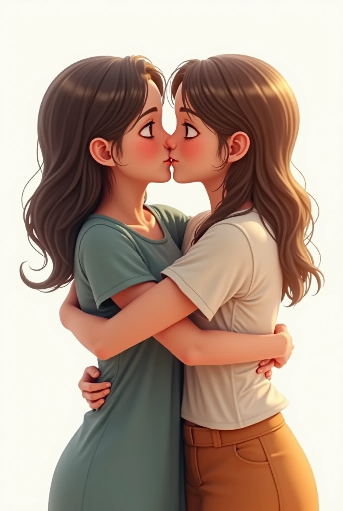 Two sisters hug and kiss each other. Emotional and loving. They care deeply for each other. Full body render. very realistic. White background.