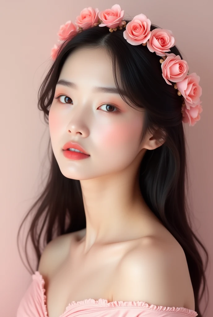 A stunning minimalist image of a Japanese woman with captivating beauty, long dark hair, adorned with a delicate crown of pink flowers. Her fair skin contrasts softly with the flowers, creating an aura of serenity and elegance. The studio scene evokes skin care, beauty and relaxation, highlighting the woman's natural grace and charm.