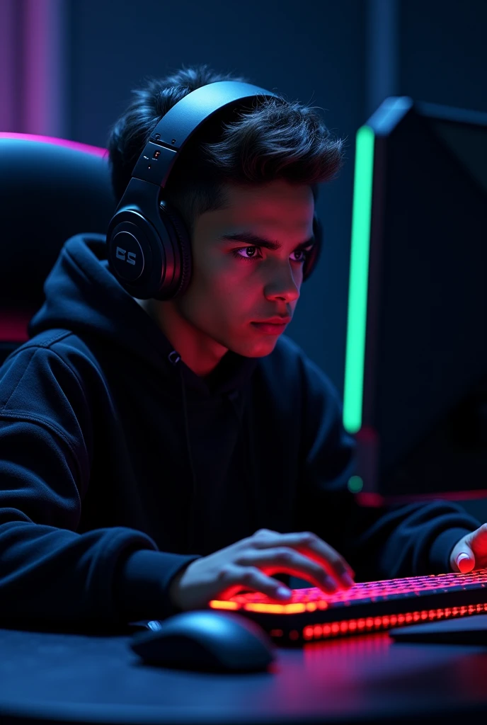 I created a logo of a dark-skinned gamer boy on a gaming PC and the background in the background is black and he has headphones and a black sweatshirt.