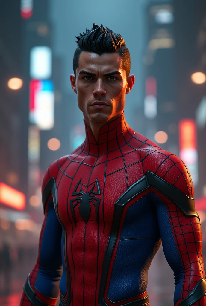 Spiderman character with his respective suit but with Cristiano Ronaldo&#39;s face and a National jersey with the number 7. Background of a night city like some spiderman movie and a trophy