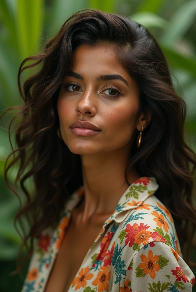 Latina model with pronounced breasts, defined curves, brown eyes, wavy black hair studying in Ecuador