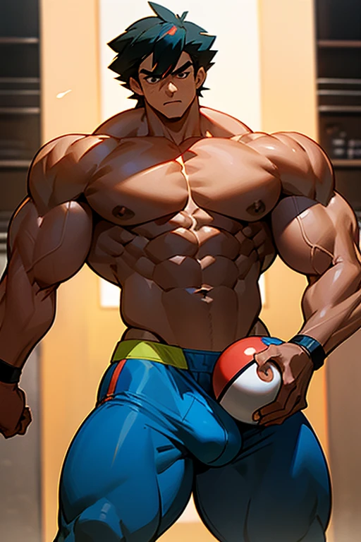 Ash Ketchum from Pokémon anime as a big dumb muscular bodybuilder jock in a locker room flexing and staring blankly as his eyes glow red under hypnosis as he repeats, "Bigger... Dumber.... Must obey.... More like a jock bro every day.... Yes, Coach. I obey. Huhuhuhuh...." in a deep mindless emotionless voice with his fellow hypnotized jocks to forget about Pokémon training and focus instead on training his own body and obeying his coach. Mouth dropped open. Hyper swollen bulging crotch. Hyper muscles. Toned muscles. 5% body fat. Big biceps. Big triceps. Broad shoulders. Big traps. Big lats. Big meaty pecs. Massive deltoids. Six-pack abs. Spherical glutes. Brainwashing. Hypnosis. Hypnotized. Bro. IQ drain. Dumber and dumber. Meathead. Musclehead. Mindless. Hypno. Mind control. Brain drain. Entranced.