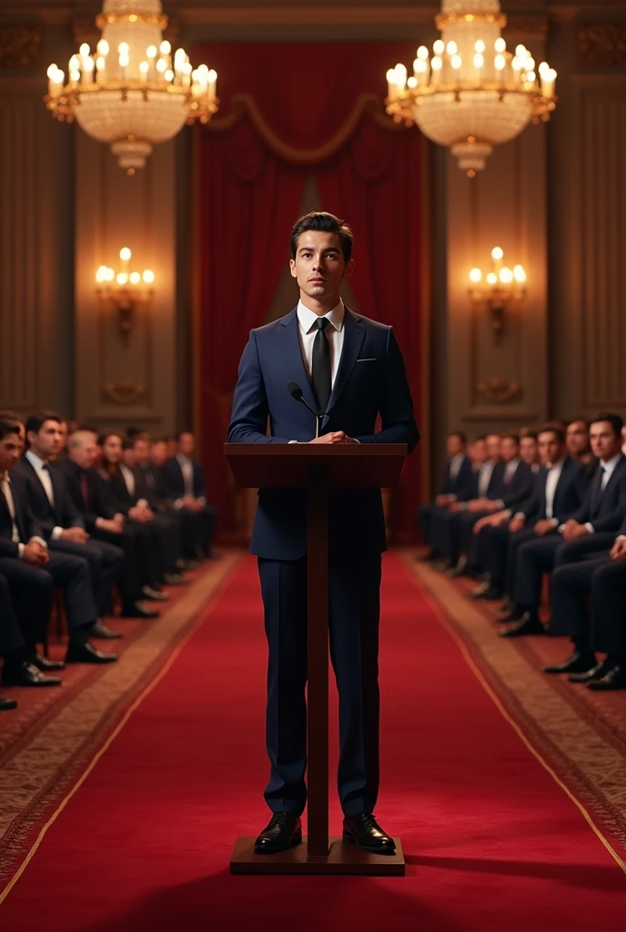 A 20 year old gentleman addressing people.He is in a navy blue suit and a black tie.The room is full of red carpet