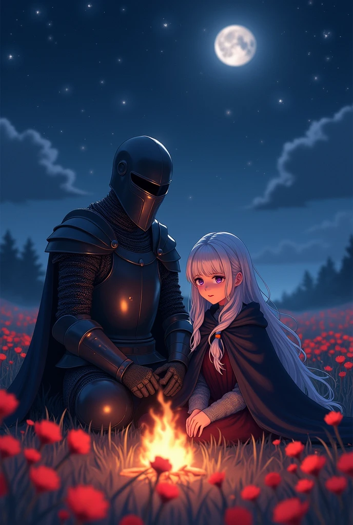 A knight in dark medieval adventurer armor, the knight also wears a dark medieval helmet which covers his entire face., He is tall and in a field of red flowers as he sits in front of his campfire in the middle of the light of the stars and the moon next to his beloved wife sitting next to him with white hair and bright purple eyes who is wearing a dark and fluffy medieval cloak as clothing (make them both face the camera so I can see the knight from the front)
((Make image with anime art style))