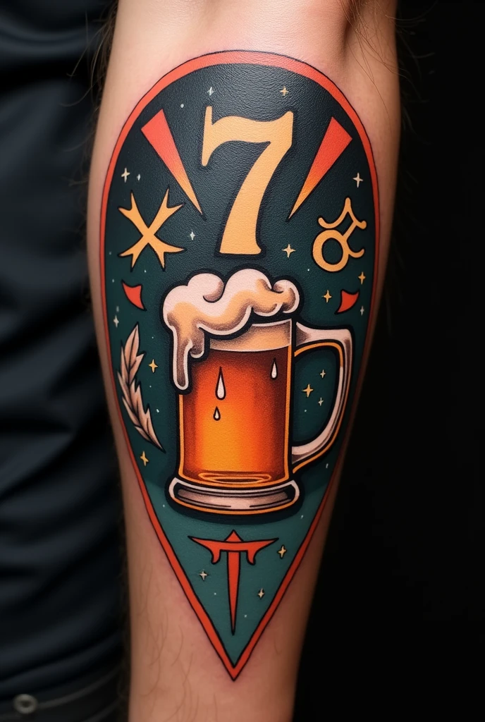 Design for tattoo with number 7; beer mug; Aries and Gemini
